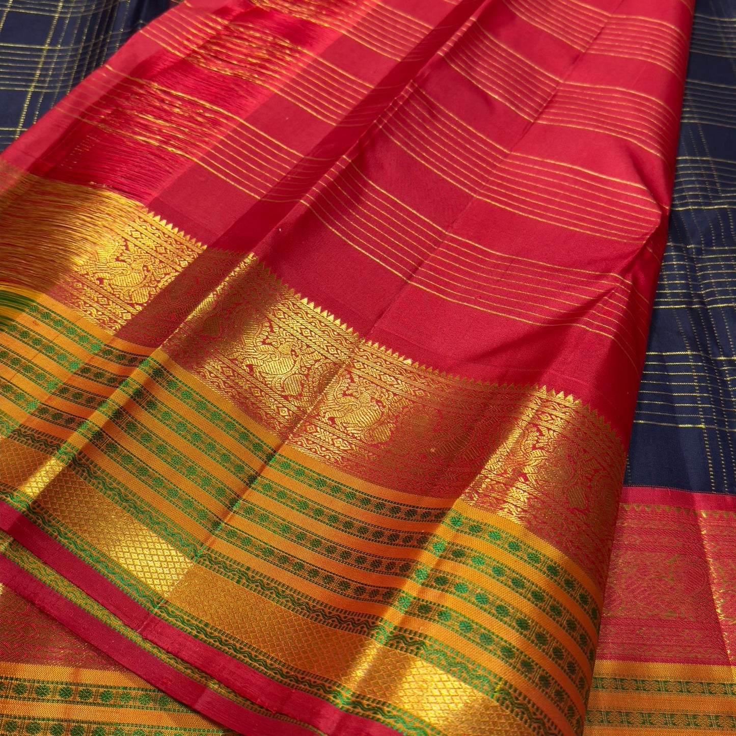 Deep navy blue red Zari checks Minakari woven borders