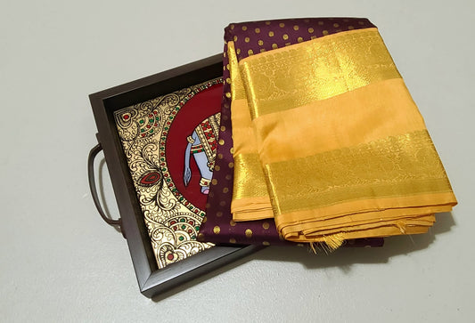 Dark Navapazham color with sandal beige rettapate thodar buttas korvai