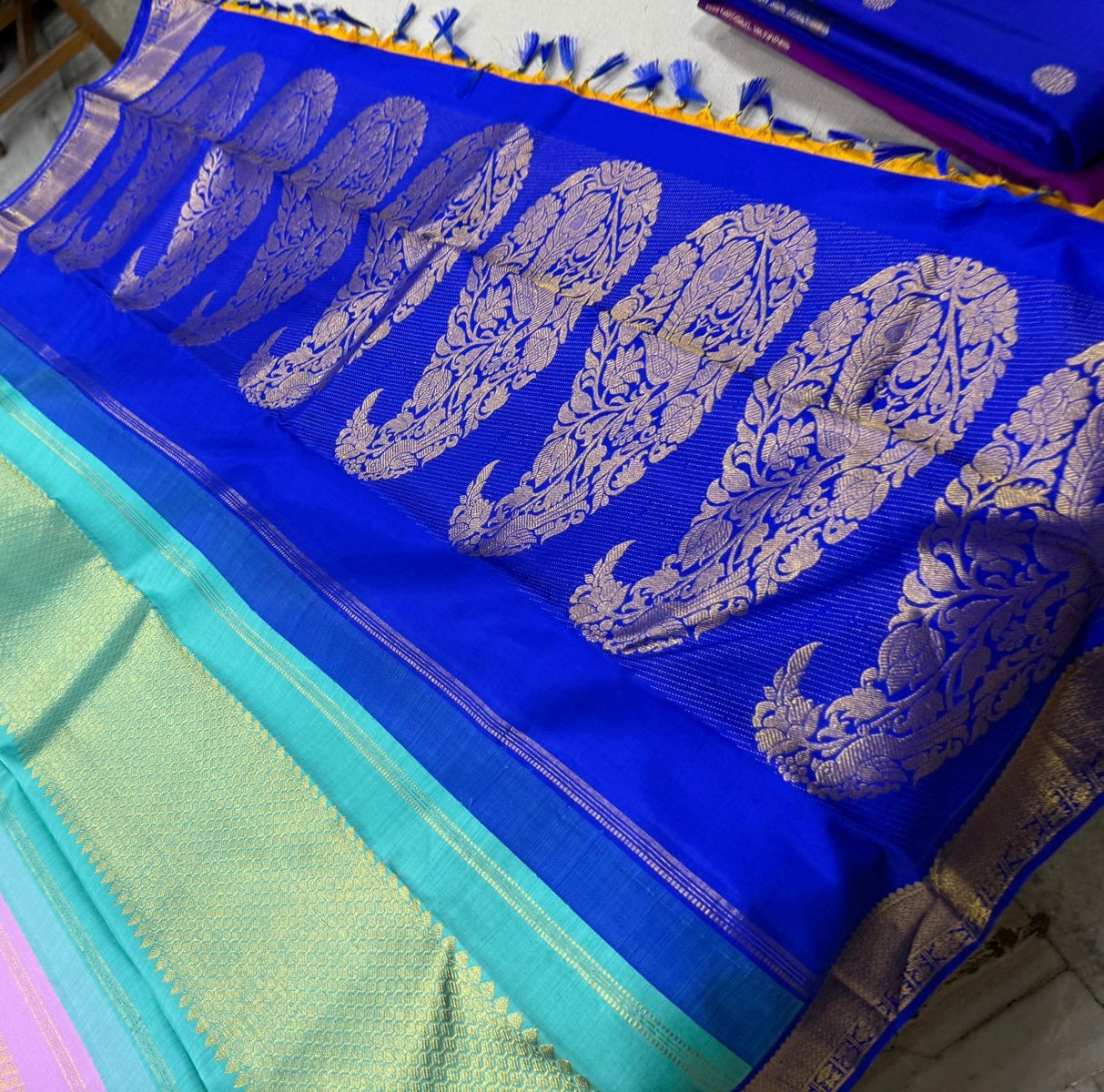 Yellow / blue korvai tri colored pallu