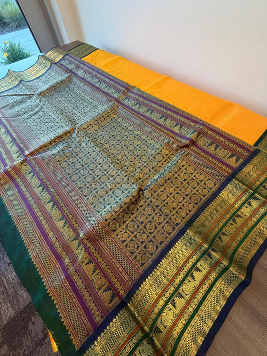 Turmeric yellow / peacock blue varisaipet border buttas korvai
