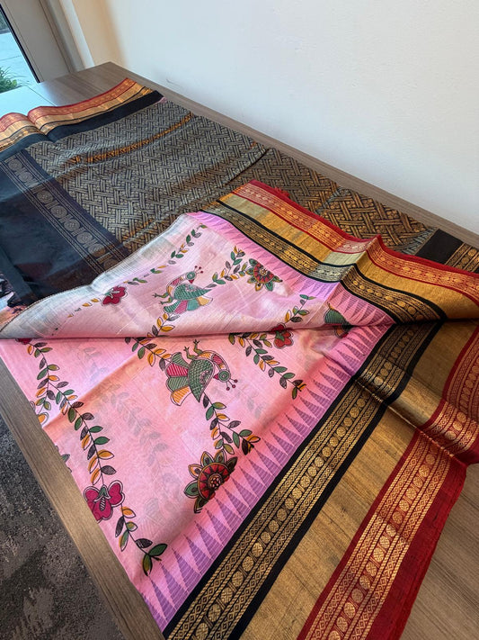 Baby Pink / red black rettapate block print korvai