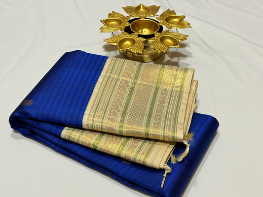 Royal blue off white muted checks/stripes korvai