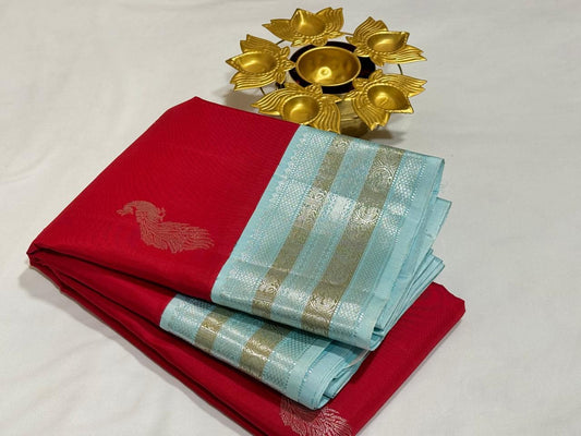Red with powder blue buttas korvai