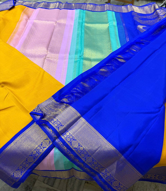 Yellow / blue korvai tri colored pallu