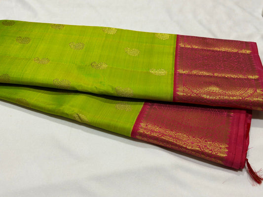 Parrot green / dual tone orange with buttas korvai