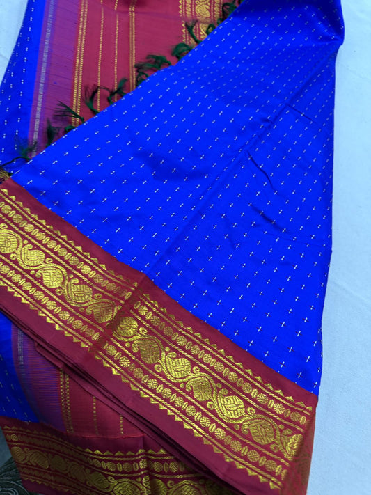 Karuneelam Red Green Ganga Jamuna plus thread buttas korvai