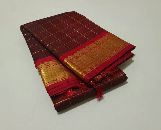 Brown with maroon Zari checks