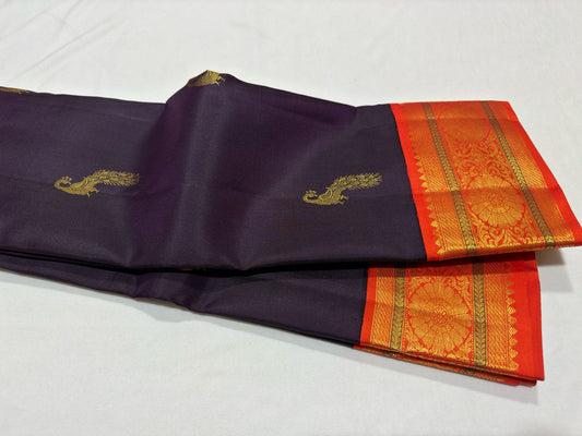 Dark coffee brown with orange peacock motiffs korvai