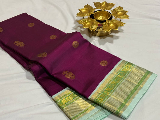 Deep wine / maroon dual tone with mint green korvai Minakari border / Gandaberunda / chakram