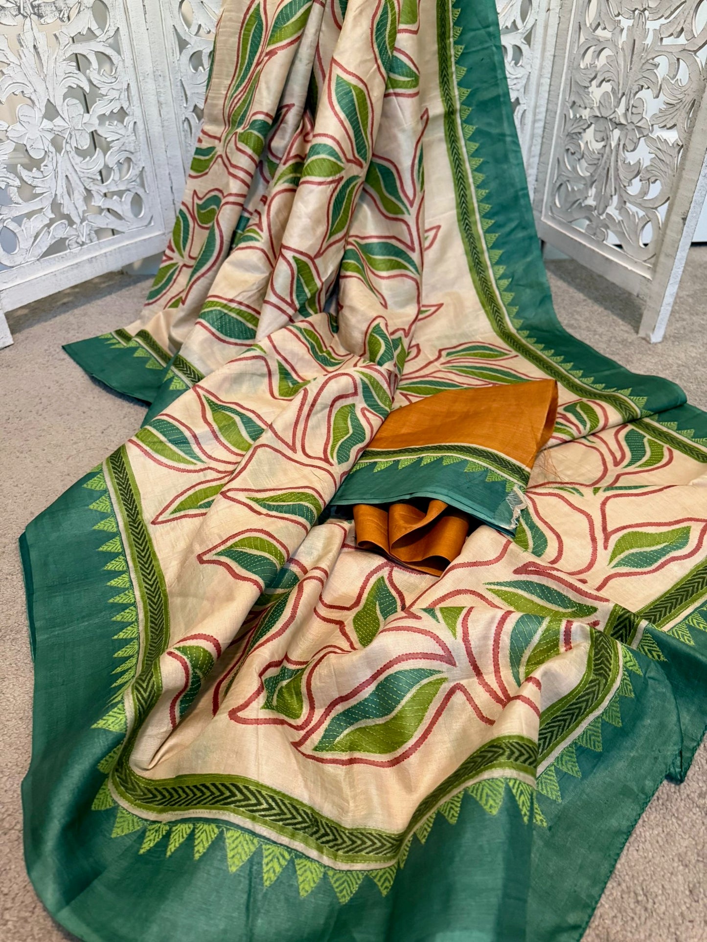 Off white / green leaves design pure Tussar Silk