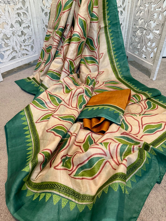 Off white / green leaves design pure Tussar Silk