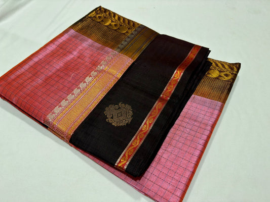 Korvai border checks / buttas salmon pink with brown