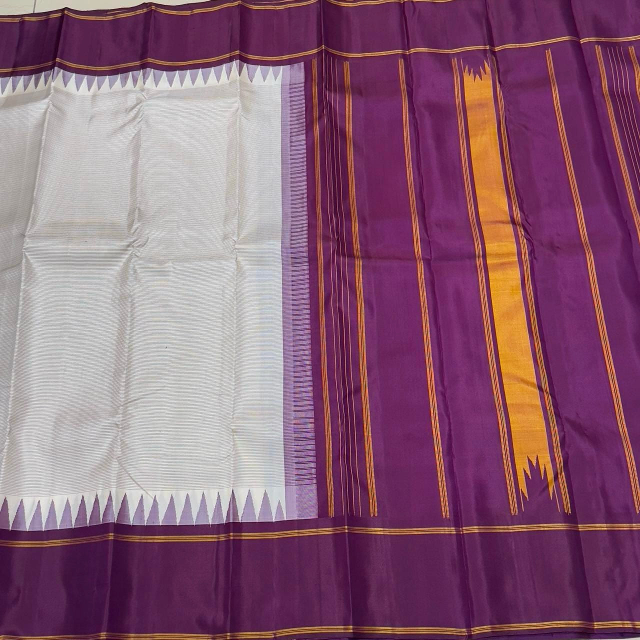 Off white with deep wine small lines temple border