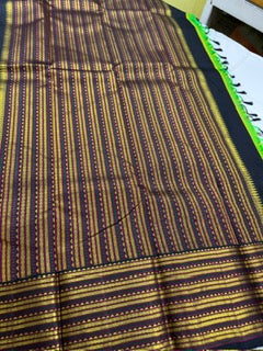 Green yellow dual tone carpet checks with brown korvai
