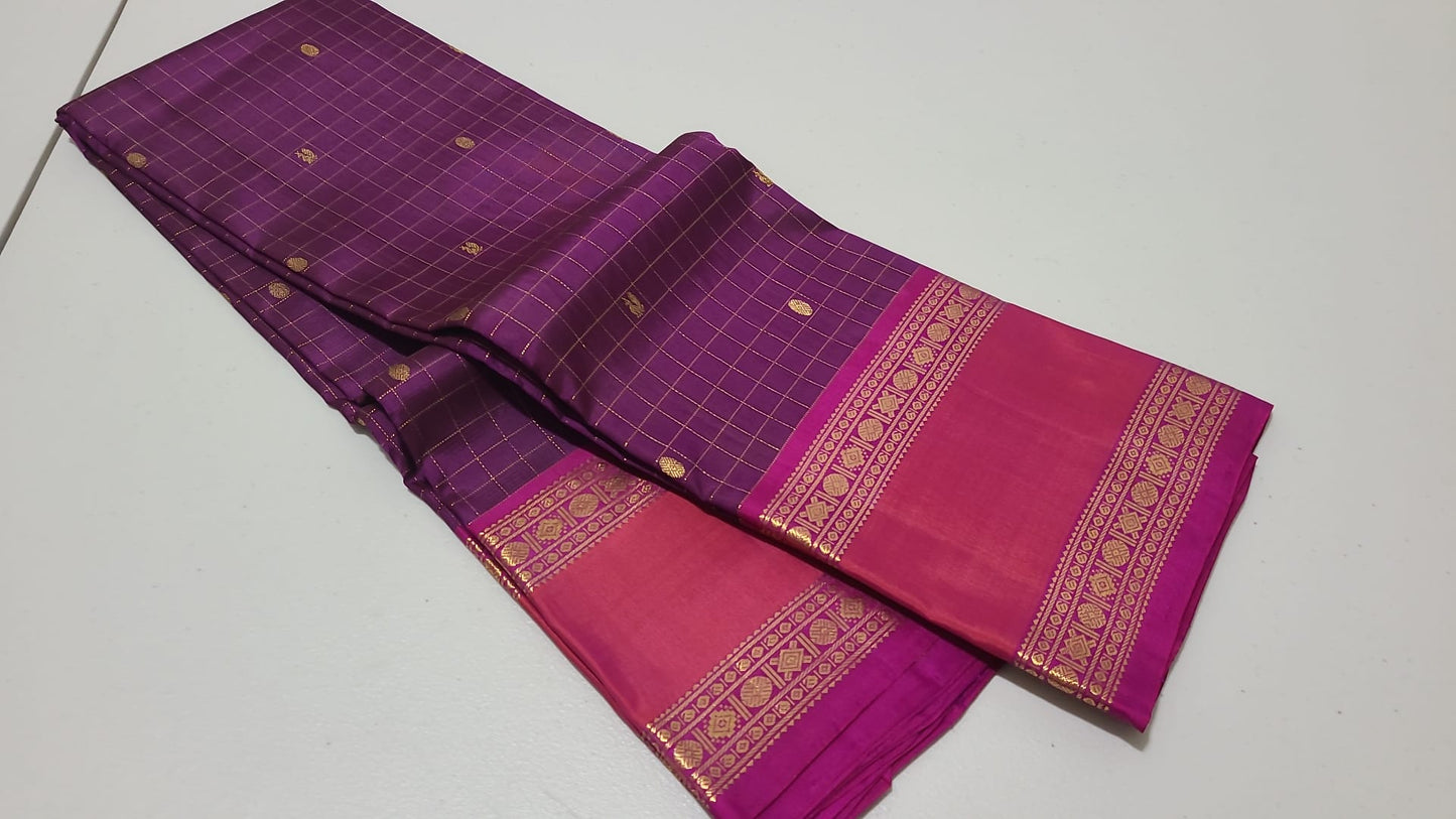 Magenta/orange rettapate Zari Checks with buttas