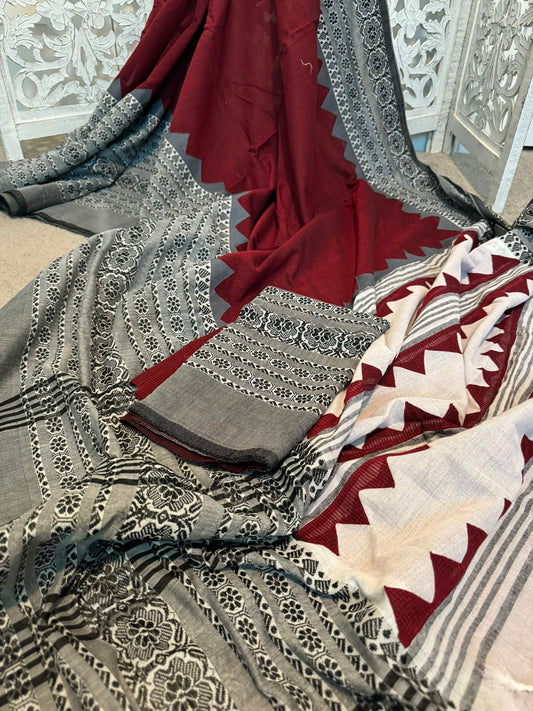 Maroon Begumpuri soft linen with applique