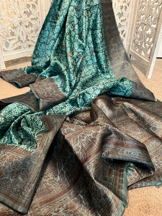 Green Tussar silk with copper Zari