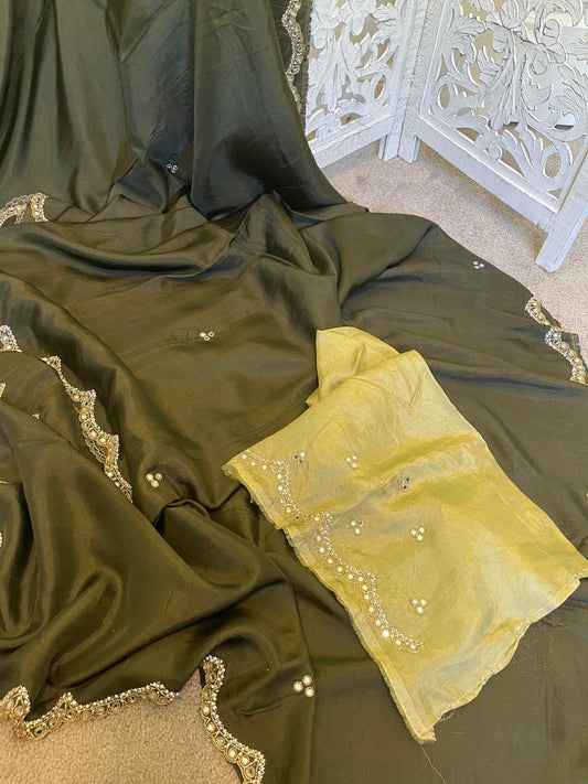 Munga silk with sequence embroidery olive green