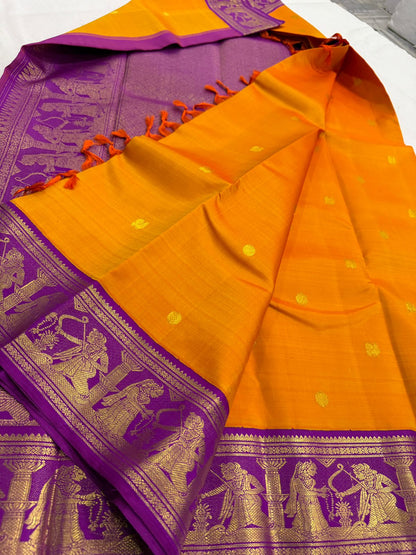 Mango orange / purple Ramayanam theme buttas korvai