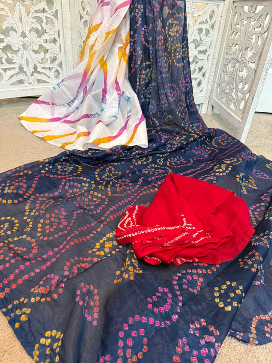 Half / Half Bandhini in pure Georgette silk white / blue
