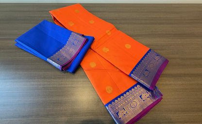 Bright Orange violetish blue mayil chakram buttas korvai
