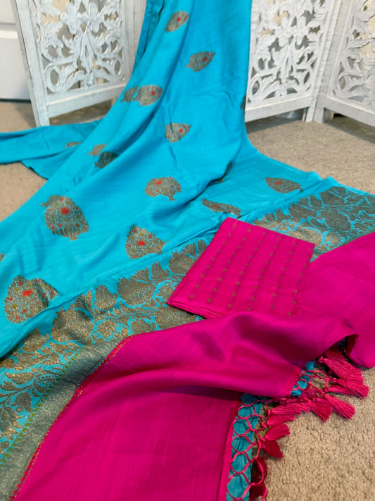 Blue / Rani Pink borderless pure Munga Benarasi with Minakari