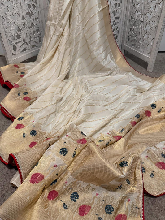 Pure Mashru Silk Benarasi Off white with red