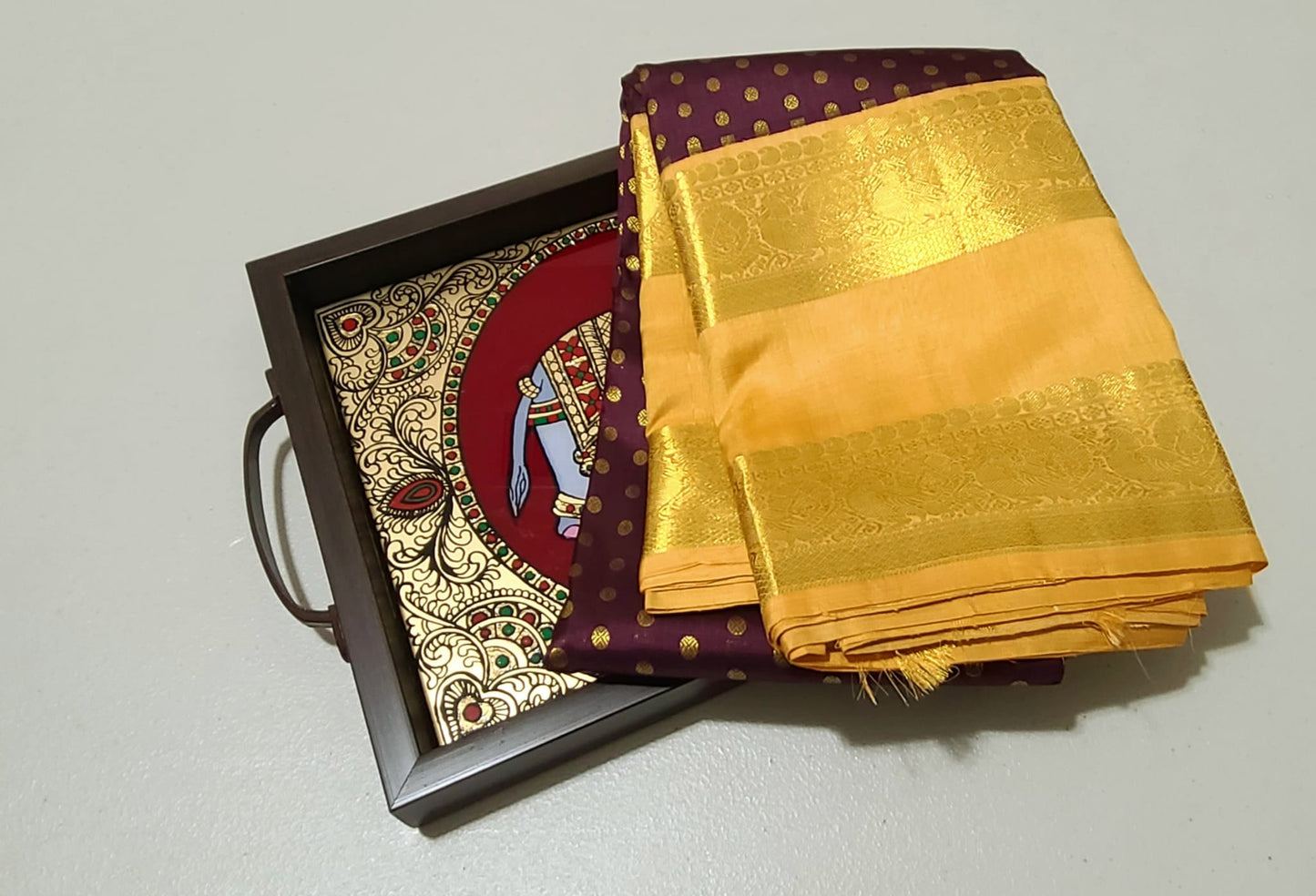 Dark Navapazham color with sandal beige rettapate thodar buttas korvai