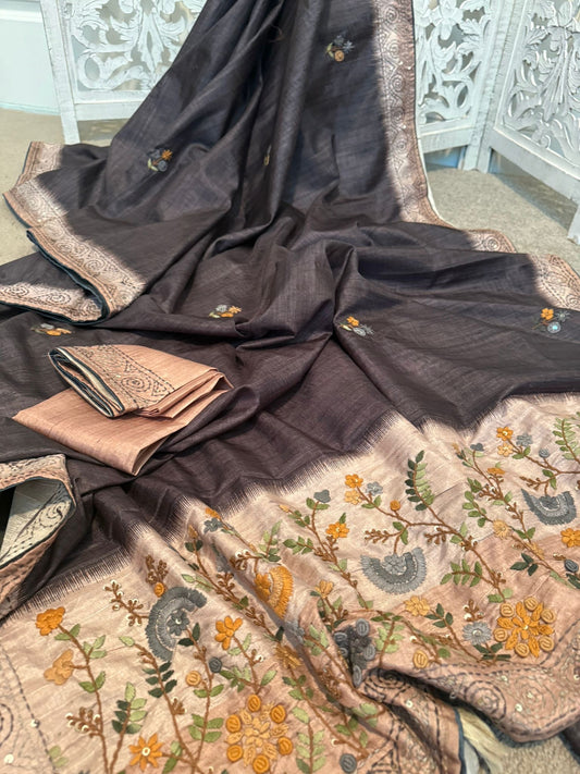 Tussar Silk with french embroidery slate grey