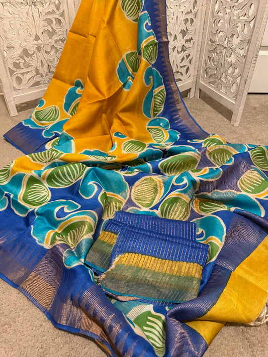 Hand painted Tussar Silk Mango yellow / blue