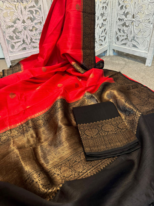 Dual tone red/orange & black pure silk Benarasi