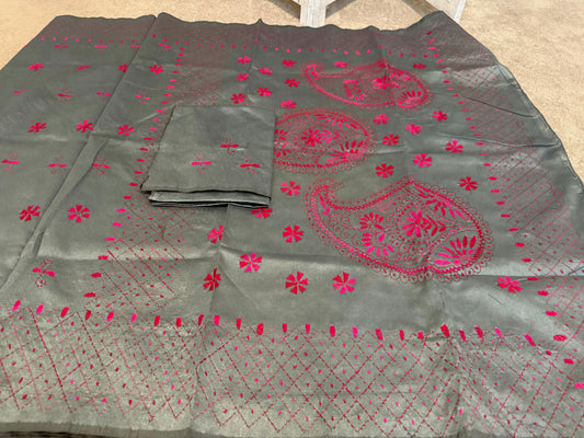 Grey embroidery soft tussar silk