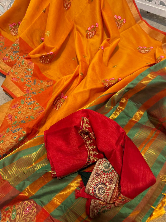 Soft silk applique embroidery orange