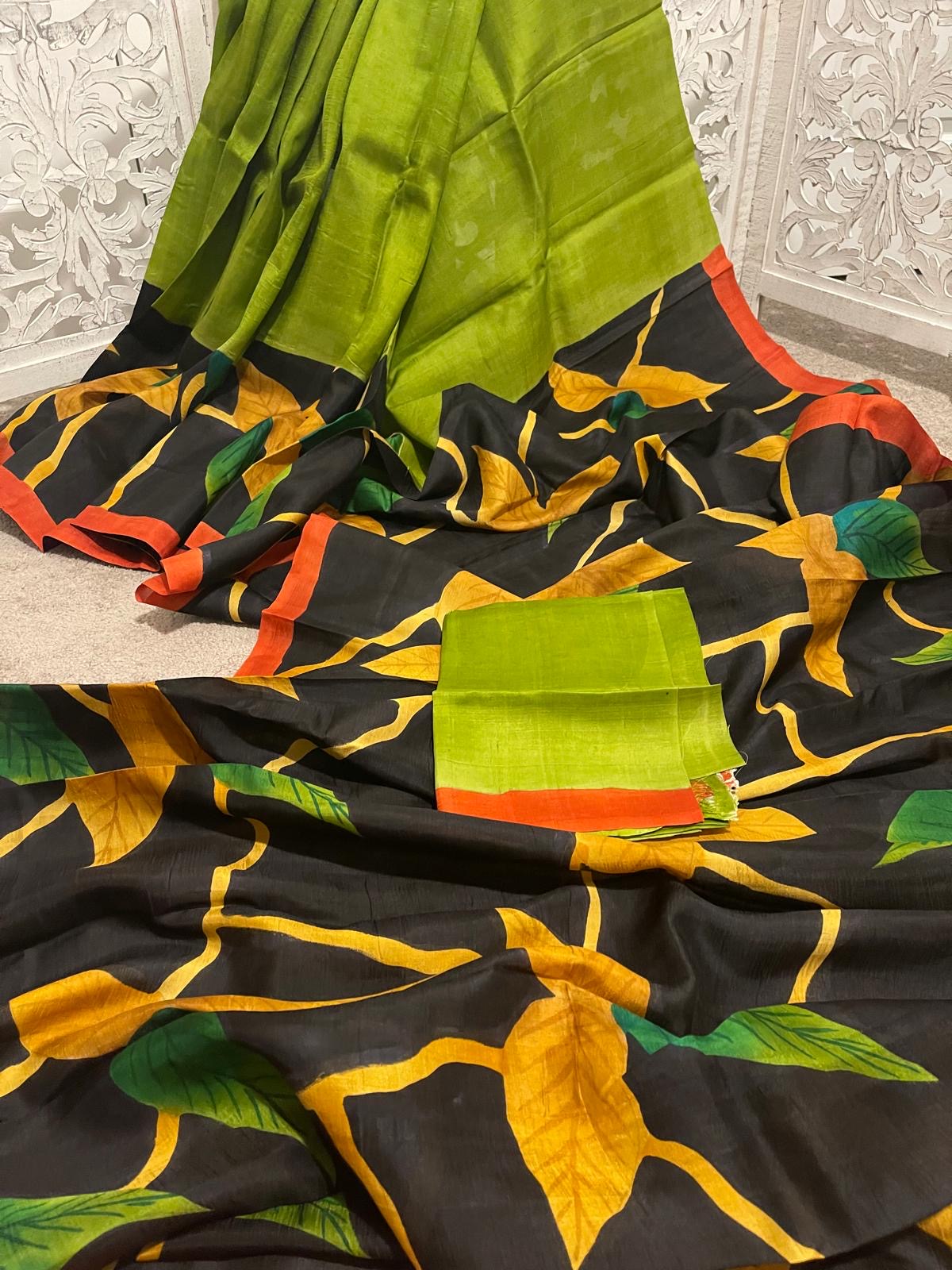 Parrot green / black tussar silk