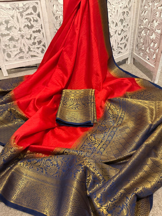 Red / blue soft silk Benarasi