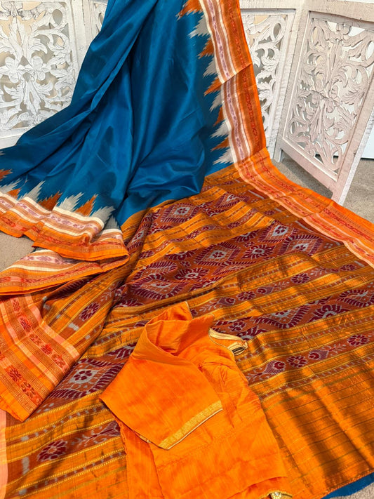 Peacock blue / orange Bomakkai silk temple border