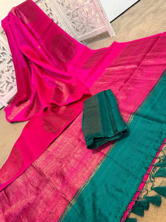 Shocking Pink Tussar Benarasi
