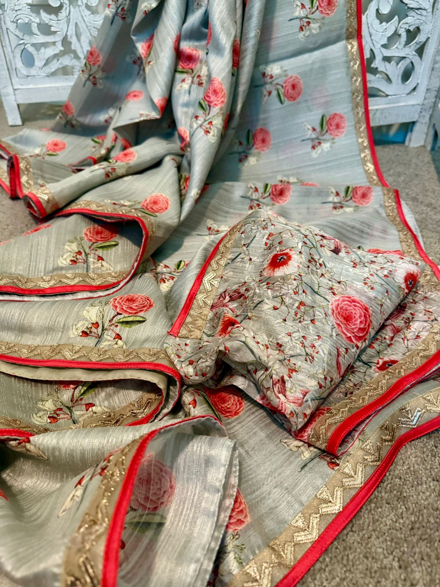 Bluish grey soft silk tussar with applique