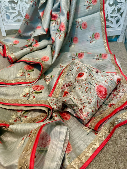 Bluish grey soft silk tussar with applique