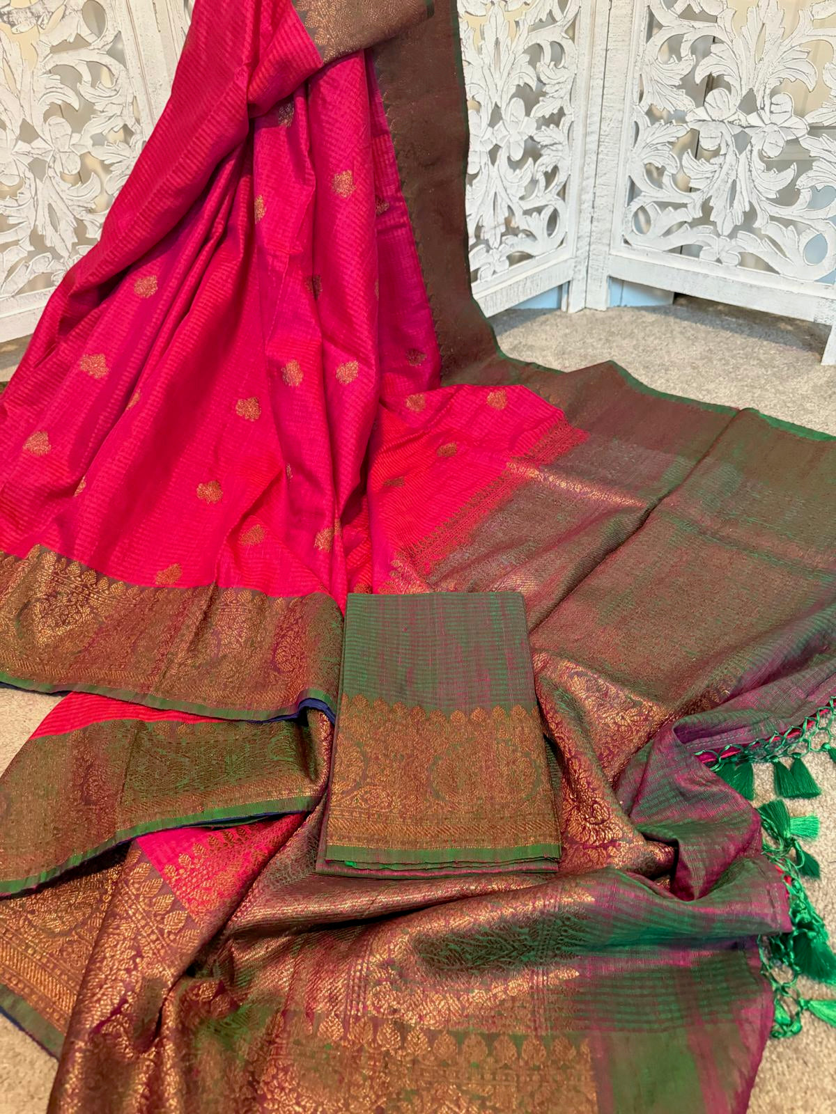 Burnt orange red with green