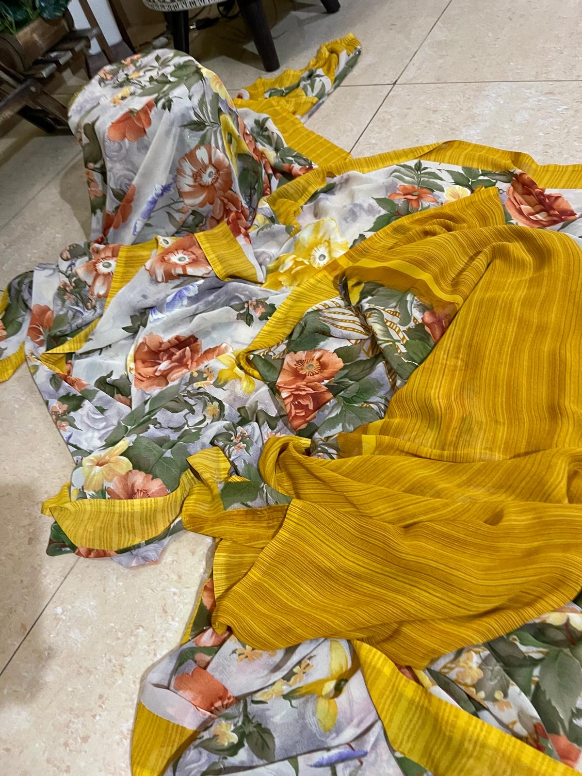 White / mustard flowers soft georgette