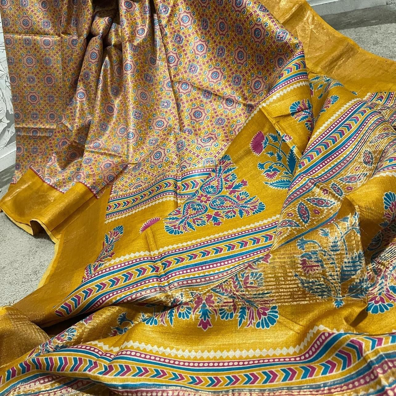 Beige / mustard pure tussar silk