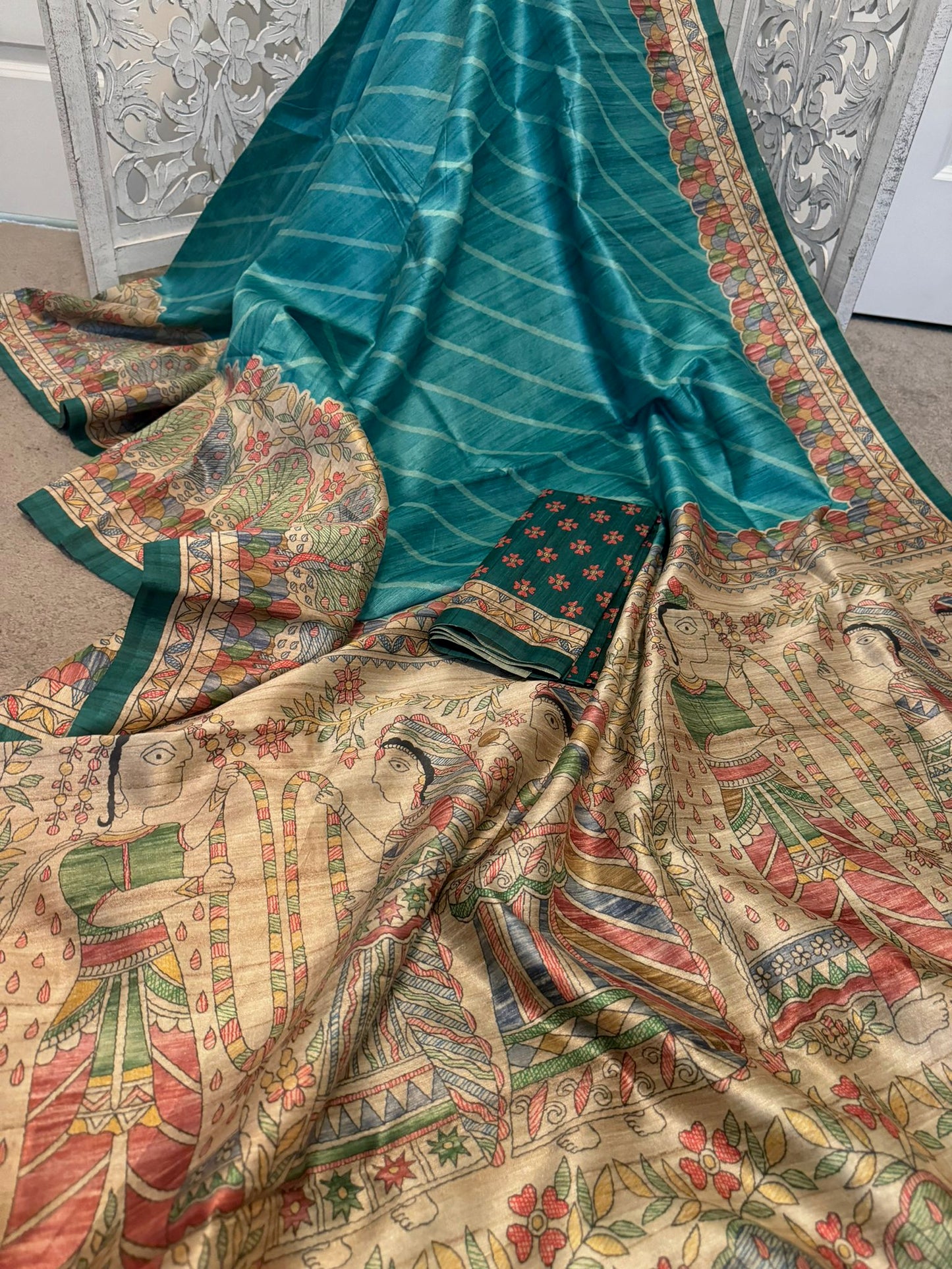 Madhubani on Matka Tussar sea blue / teal