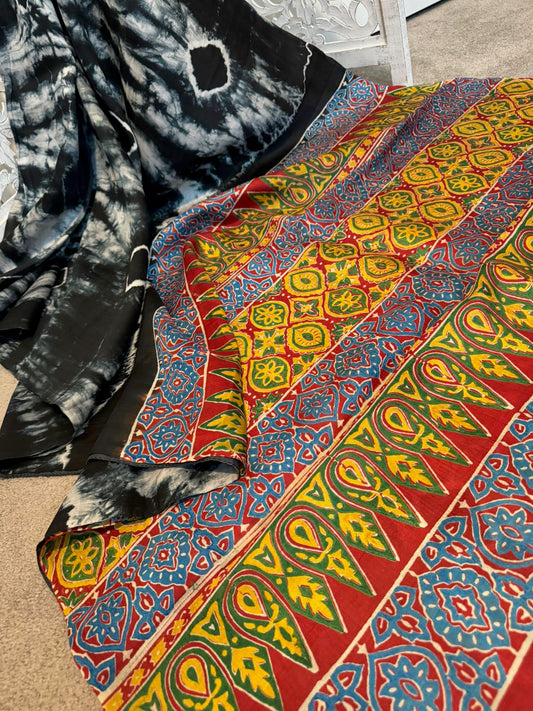Fusion of tye & dye Ajrakh silk Black