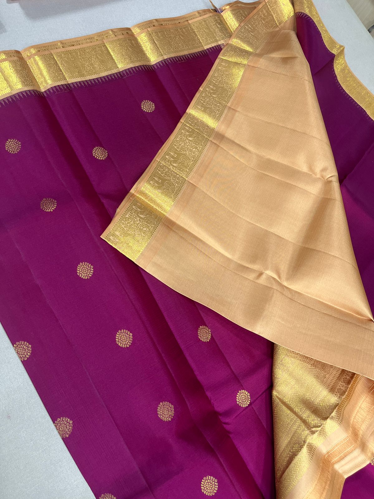 Ruby red rose gold small border buttas korvai