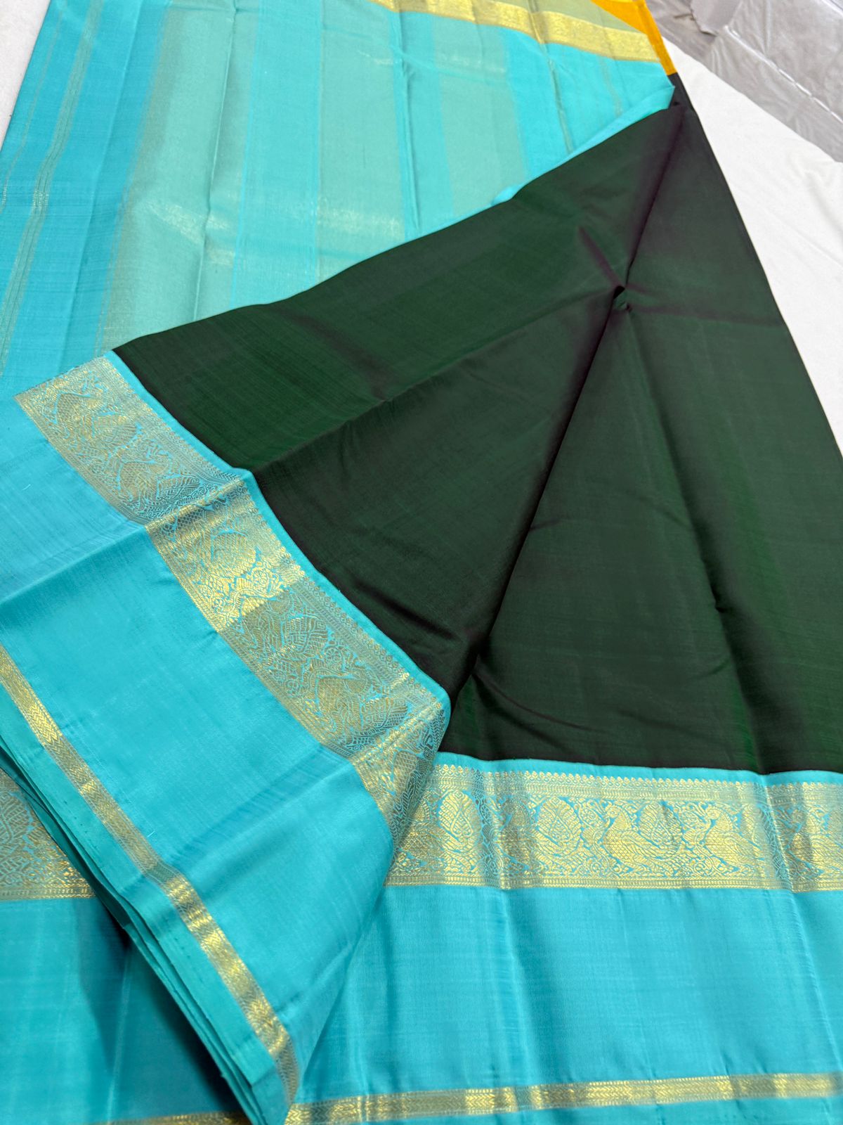Dark green mustard teal Ganga Jamuna Korvai