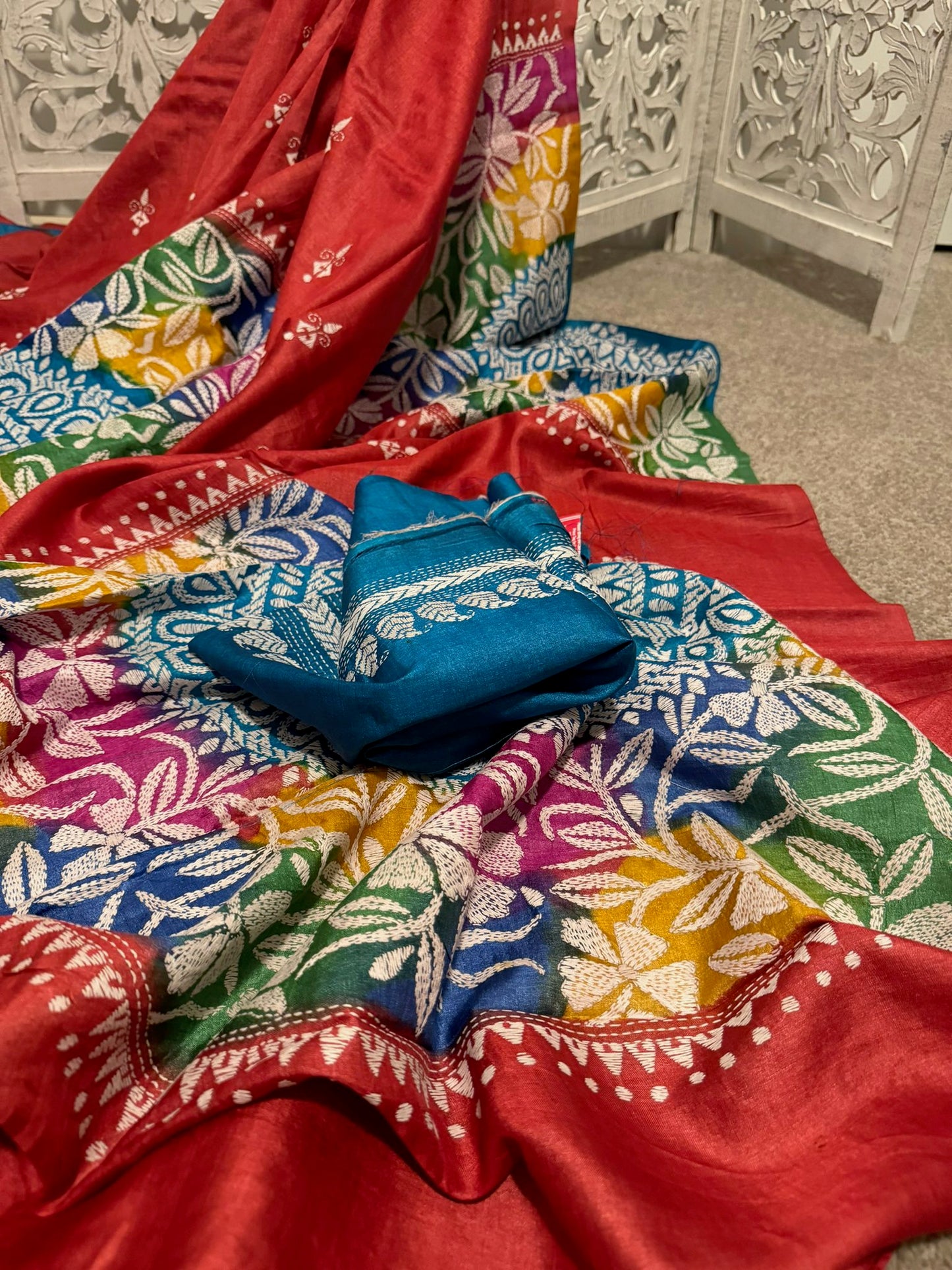Red Kantha work on silk