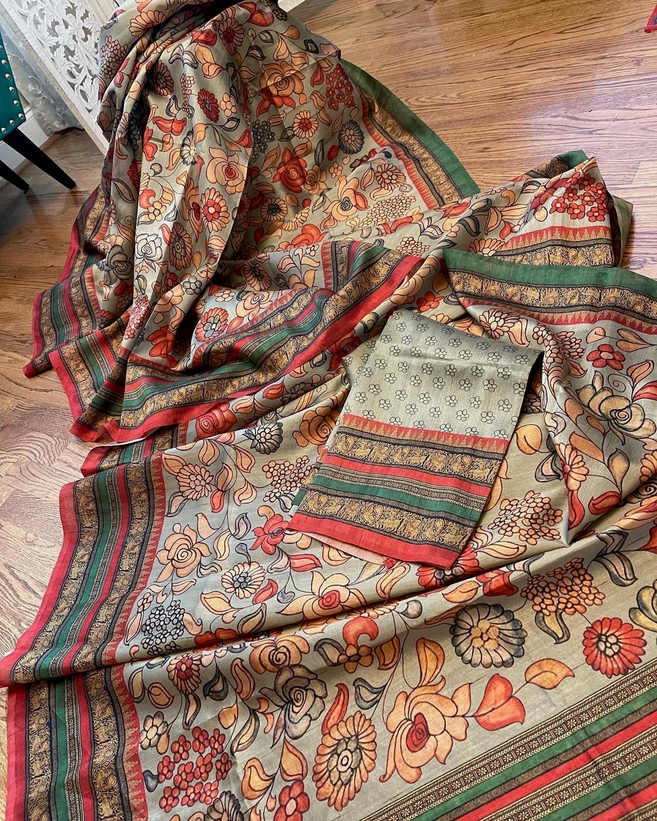 Light grey floral with red / green Tussar