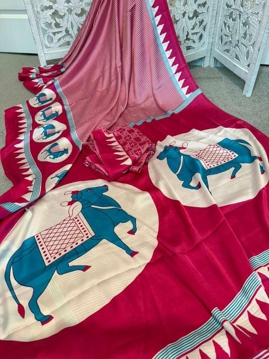 Dark pink horizontal stripes cow print modal silk