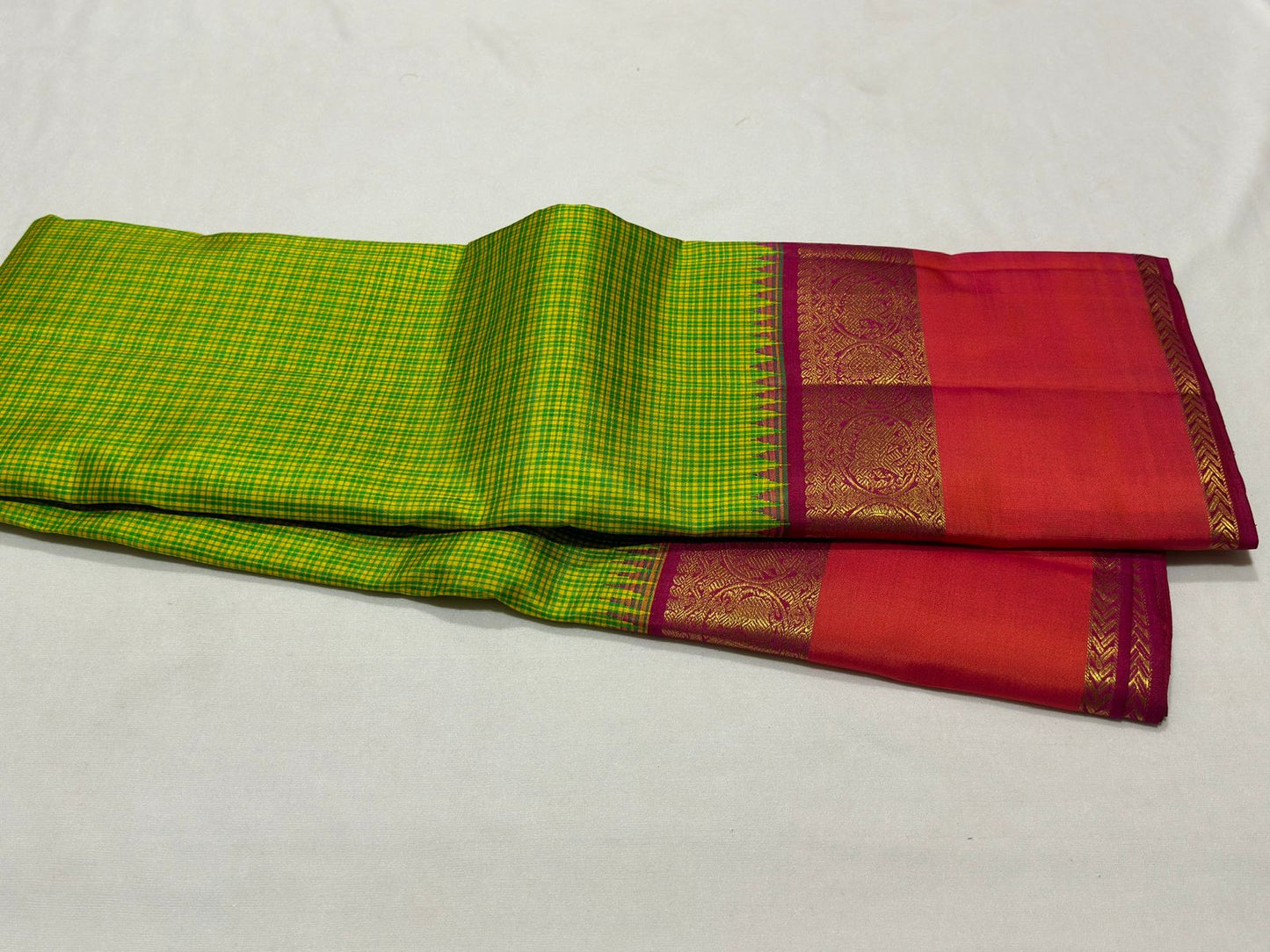 Parrot green / orange / pink muted checks